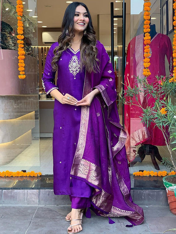 Purple Fully Hand Work Tapeta Silk Kurti With Pant & Dupatta Set