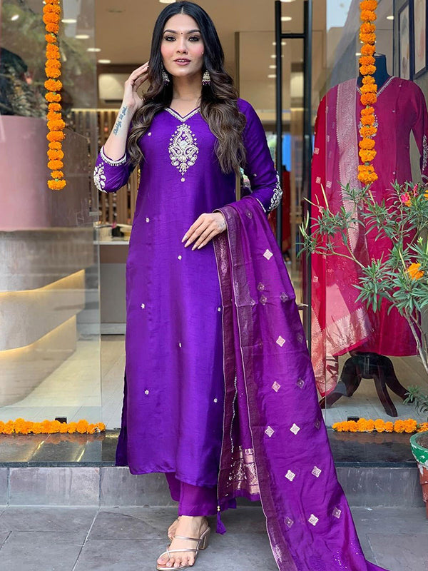 Purple Fully Hand Work Tapeta Silk Kurti With Pant Dupatta Set