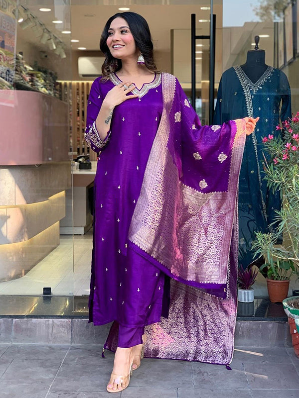 Purple Designer Nack Hand Work Tapeta Silk Kurti With Pant & Dupatta Set