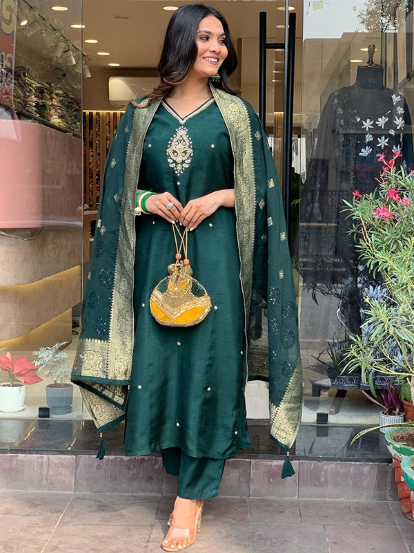 Bottle Green Fully Hand Work Tapeta Silk Kurti With Pant & Dupatta Set