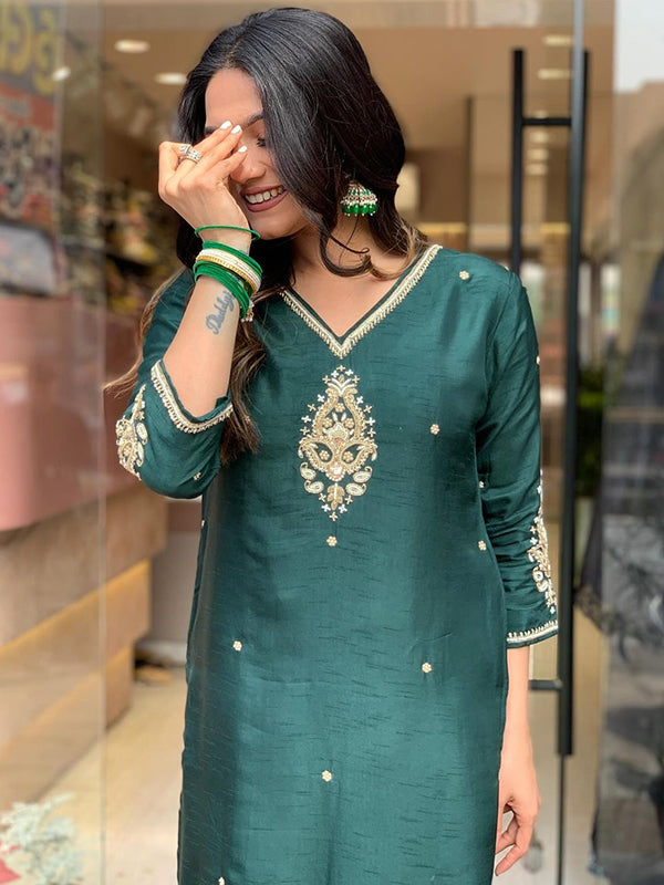 Bottle Green Fully Hand Work Tapeta Silk Kurti With Pant & Dupatta Set