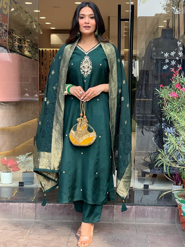 Bottle Green Fully Hand Work Tapeta Silk Kurti With Pant & Dupatta Set