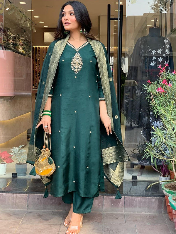 Bottle Green Fully Hand Work Tapeta Silk Kurti With Pant & Dupatta Set