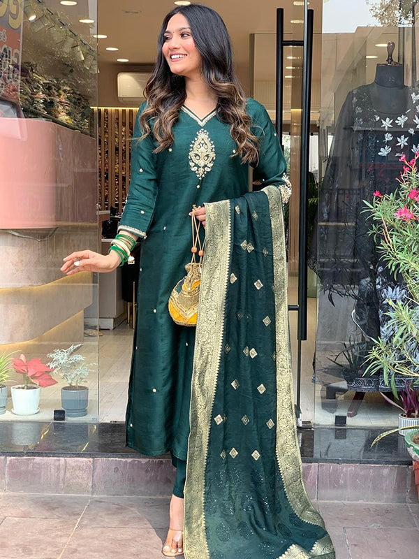 Bottle Green Fully Hand Work Tapeta Silk Kurti With Pant & Dupatta Set