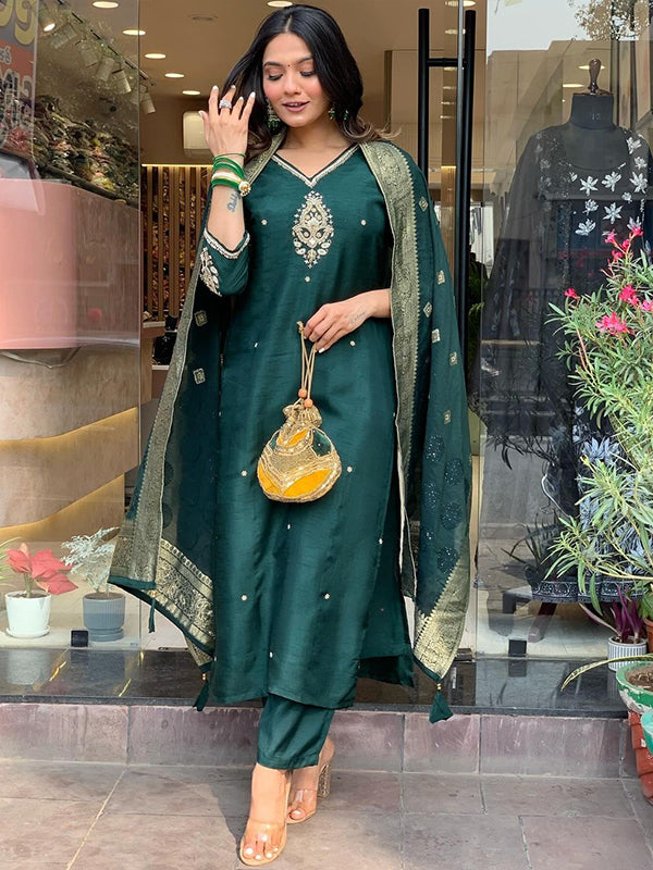 Bottle Green Fully Hand Work Tapeta Silk Kurti With Pant & Dupatta Set