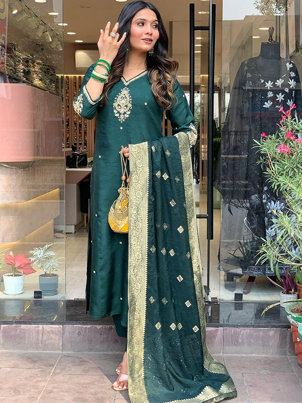 Bottle Green Fully Hand Work Tapeta Silk Kurti With Pant & Dupatta Set