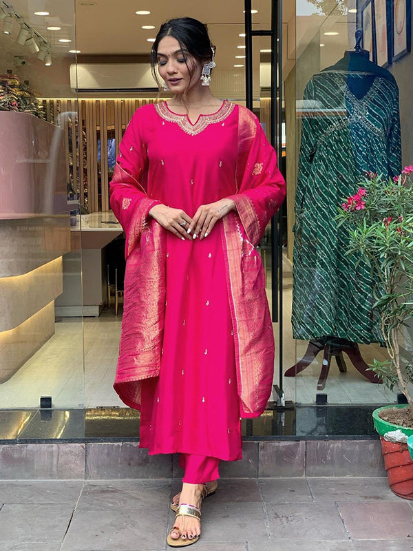 Bright Pink Designer Nack Hand Work Tapeta Silk Kurti With Pant & Dupatta Set