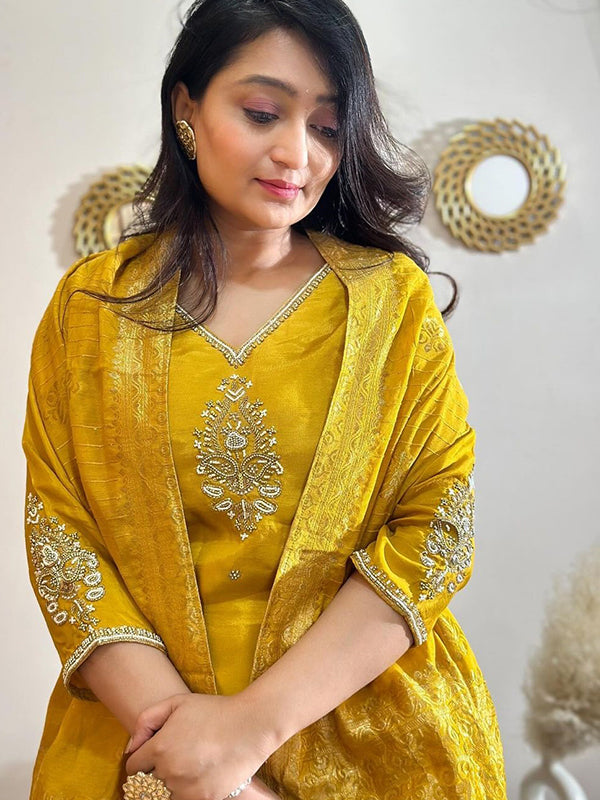 Mustard Yellow Fully Hand Work Tapeta Kurti With Pant & Dupatta Set