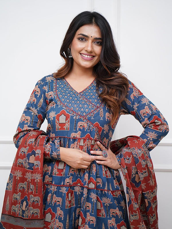 Blue Maroon Cotton Floral Printed Gown With Pant & Dupatta Set