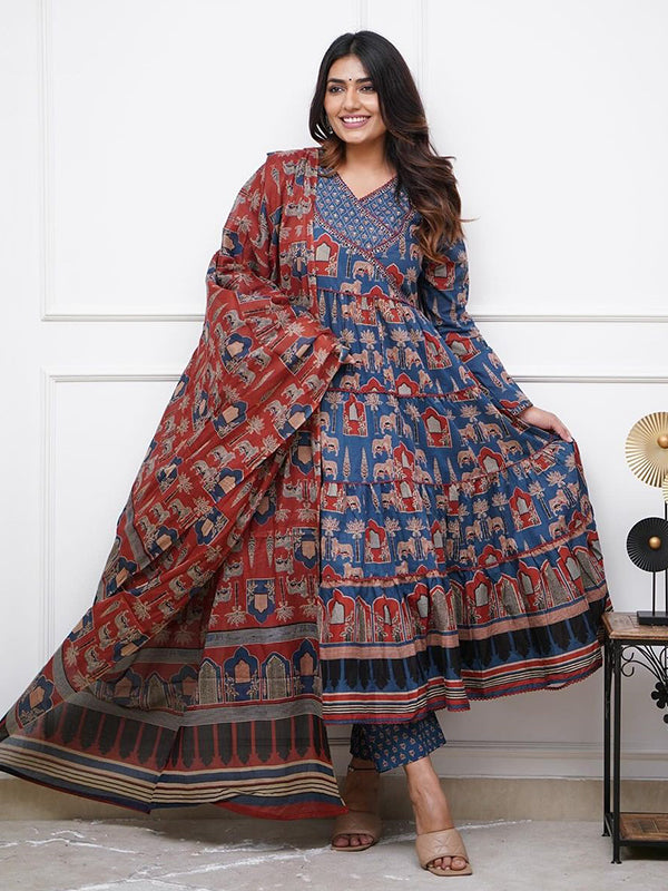 Blue Maroon Cotton Floral Printed Gown With Pant & Dupatta Set