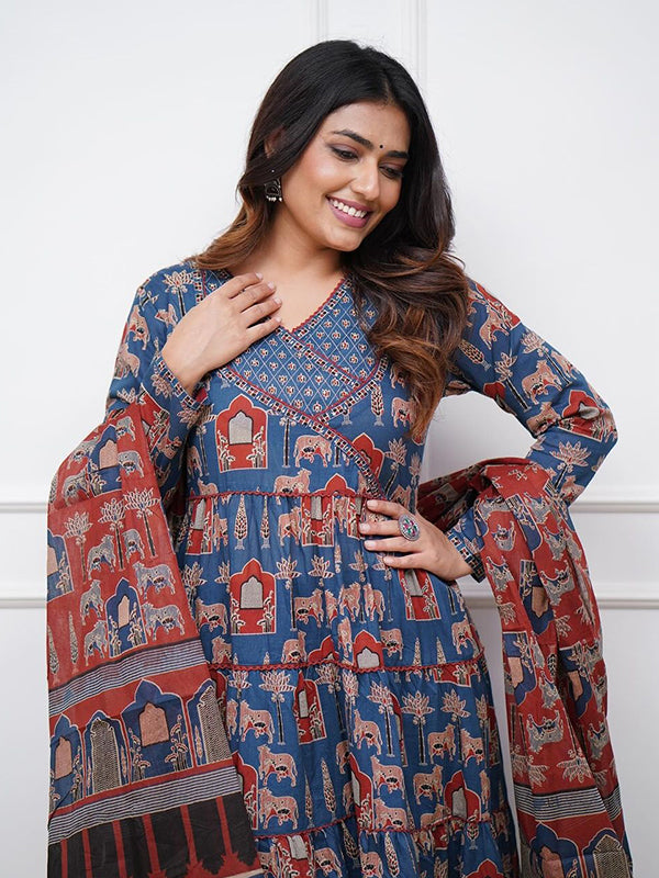 Blue Maroon Cotton Floral Printed Gown With Pant & Dupatta Set