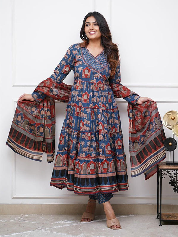 Blue Maroon Cotton Floral Printed Gown With Pant & Dupatta Set