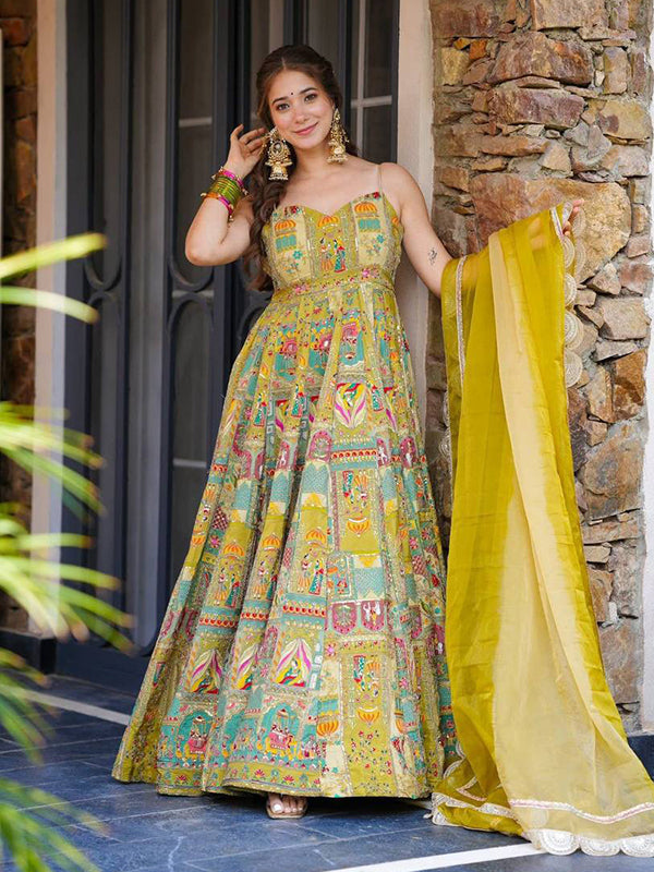 Mustard Yellow Jimmy Organza Silk Gown With Georgette Dupatta