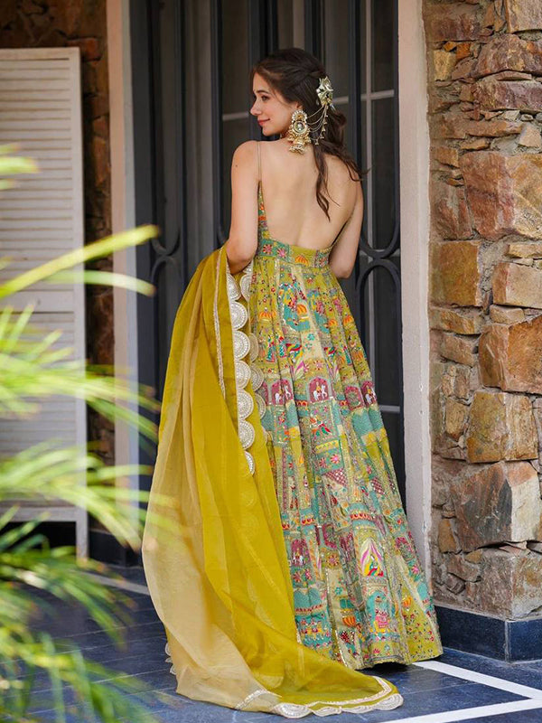 Mustard Yellow Jimmy Organza Silk Gown With Georgette Dupatta
