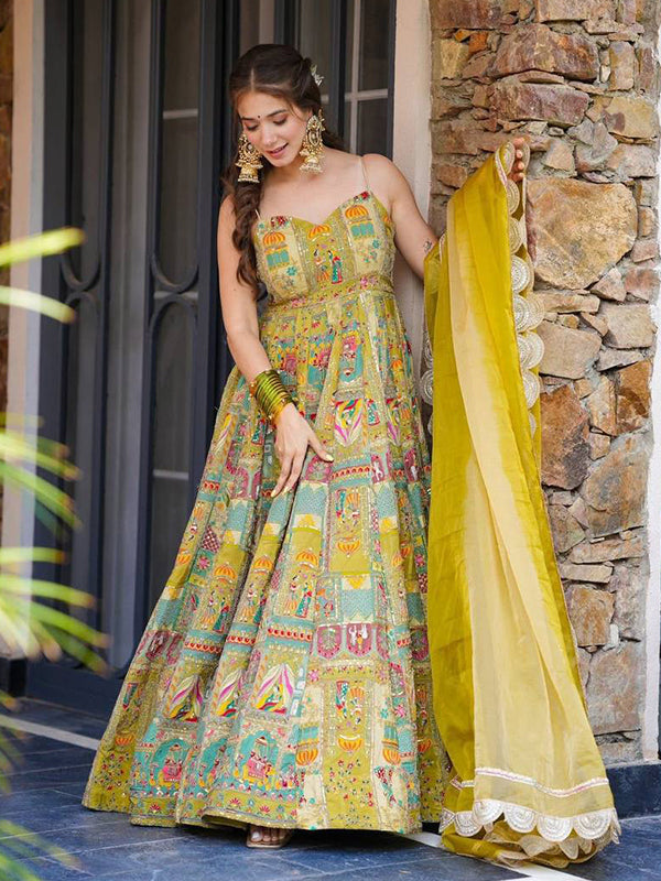 Mustard Yellow Jimmy Organza Silk Gown With Georgette Dupatta