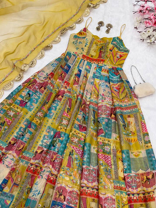 Mustard Yellow Jimmy Organza Silk Gown With Georgette Dupatta