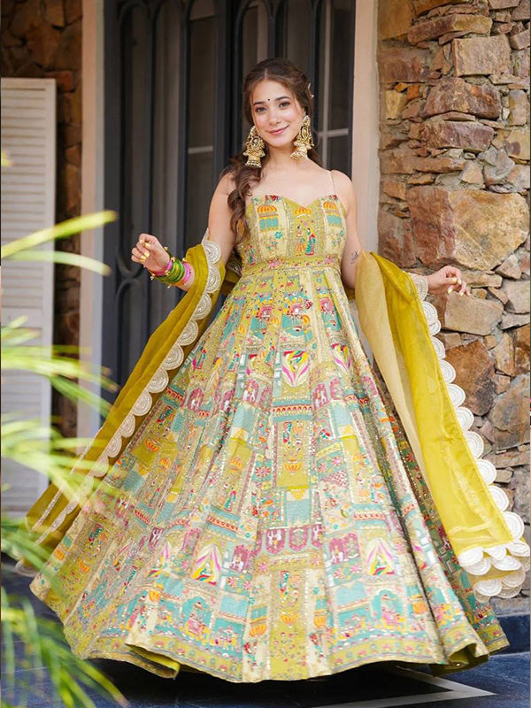 Mustard Yellow Jimmy Organza Silk Gown With Georgette Dupatta