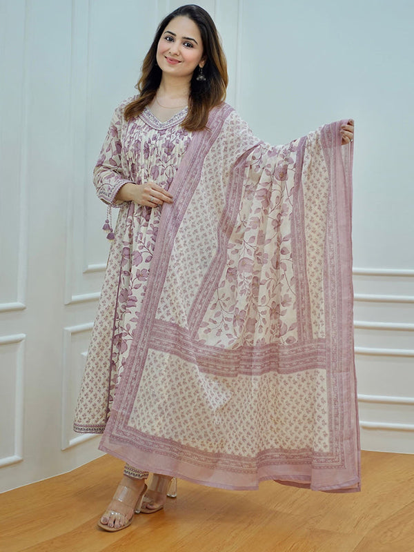 Lilac Cotton Afghani Kurti With Pant & Dupatta Set