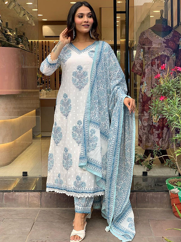 Sky Butta Printed Cotton Kurti With Pant & Dupatta Set