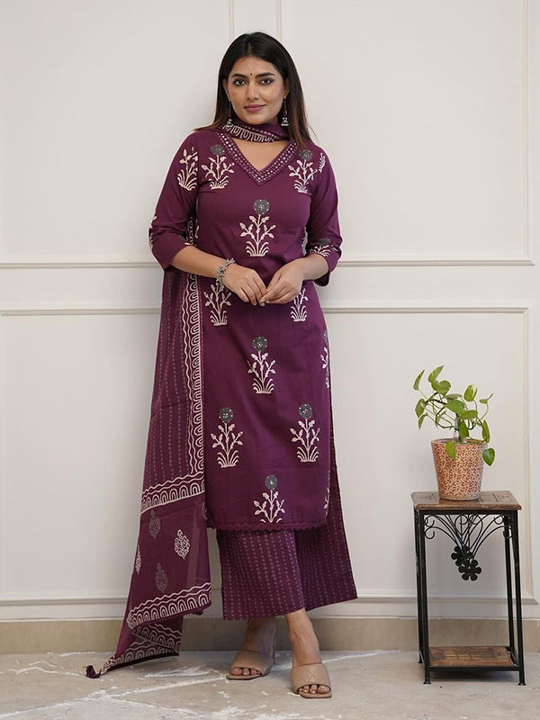 Wine Butta Printed Cotton Kurti With Palazzo & Dupatta Set