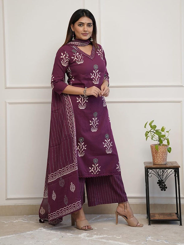 Wine Butta Printed Cotton Kurti With Palazzo & Dupatta Set