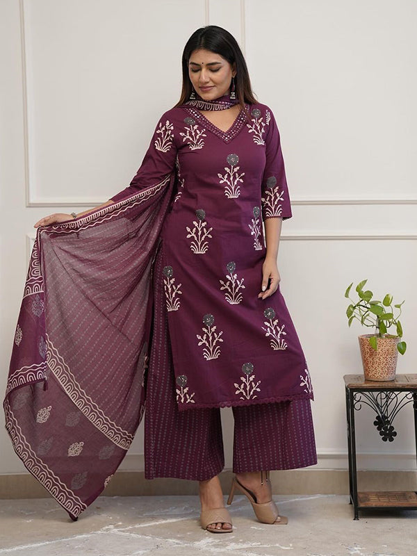 Wine Butta Printed Cotton Kurti With Palazzo & Dupatta Set