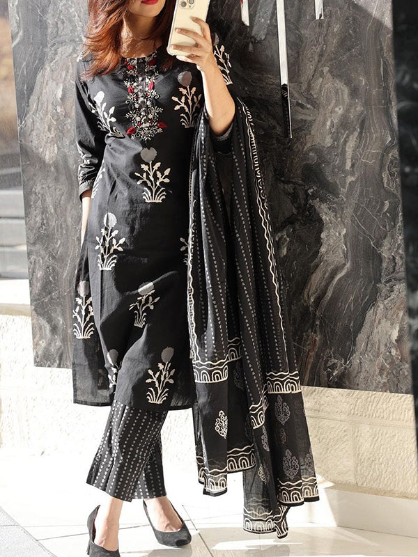 Black Butta Printed Cotton Kurti With Pant & Dupatta Set