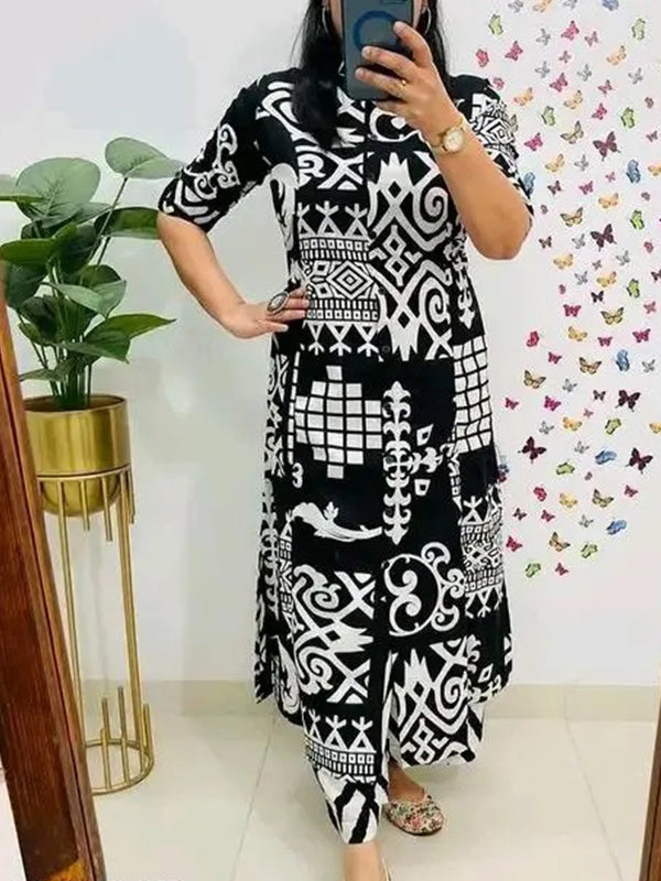 Black Pure cotton Printed A-Line Kurti With Pant