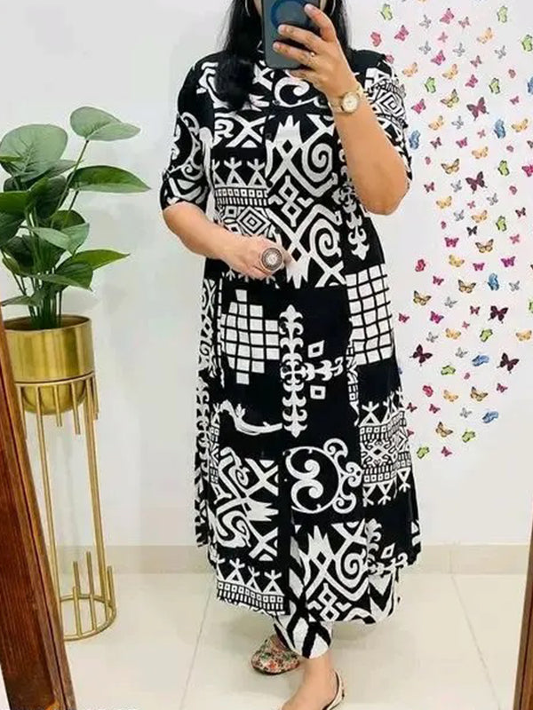 Black Pure cotton Printed A-Line Kurti With Pant