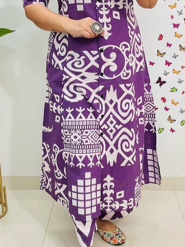 Purple Pure cotton Printed A-Line Kurti With Pant