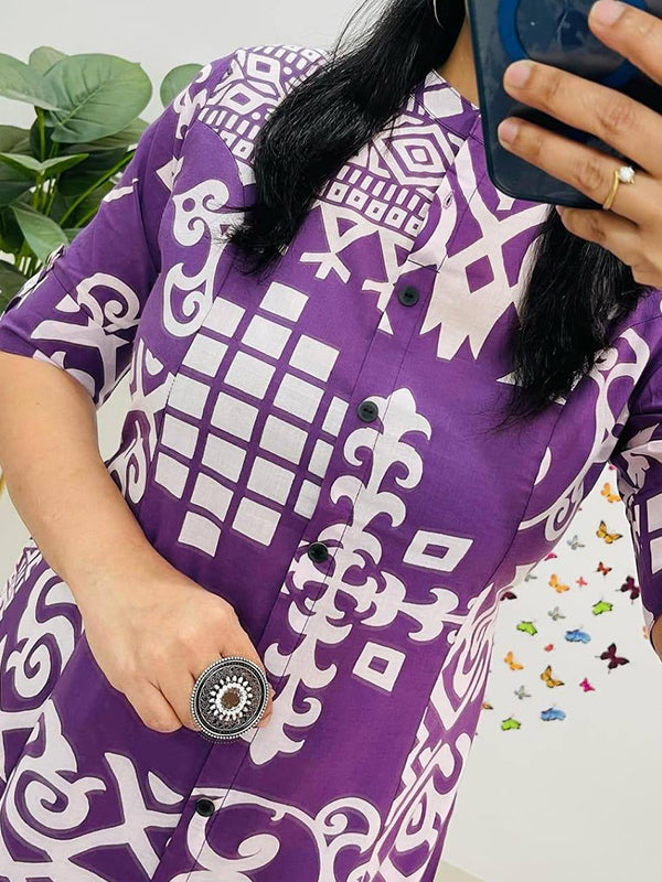 Purple Pure cotton Printed A-Line Kurti With Pant