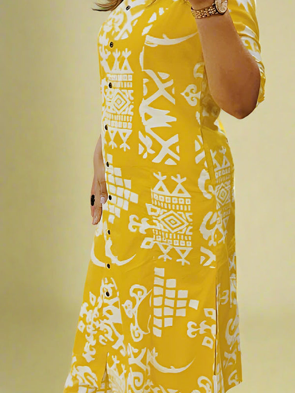 Yellow Pure cotton Printed A-Line Kurti With Pant