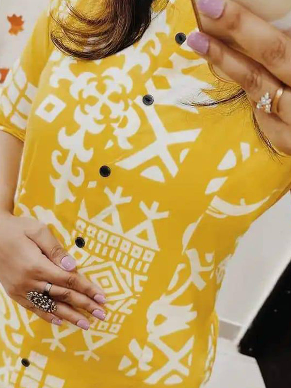 Yellow Pure cotton Printed A-Line Kurti With Pant