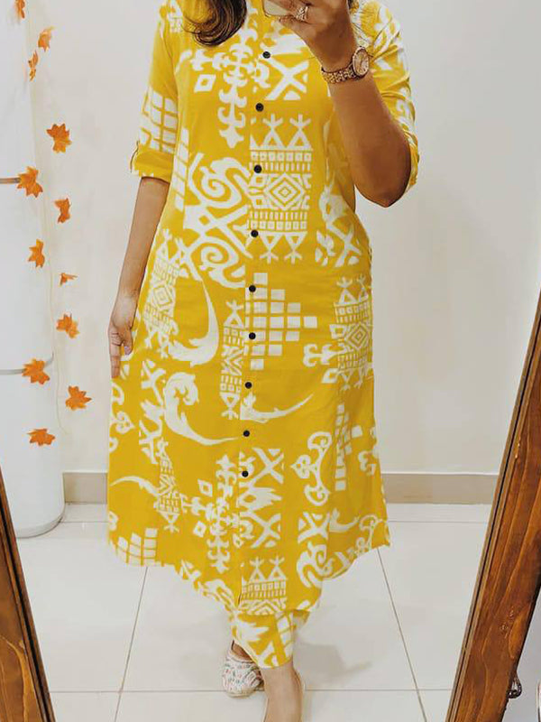 Yellow Pure cotton Printed A-Line Kurti With Pant