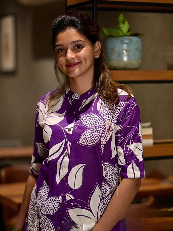 Floral Printed Purple A-Line Kurti With Pant