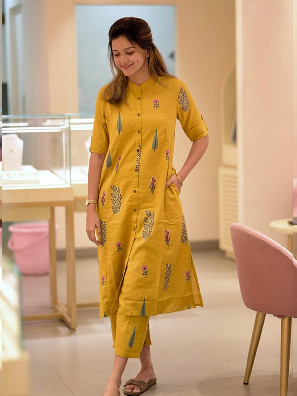 Floral Printed Yellow Mandarin Collar A-Line Kurti With Pant