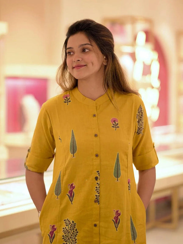 Floral Printed Yellow Mandarin Collar A-Line Kurti With Pant