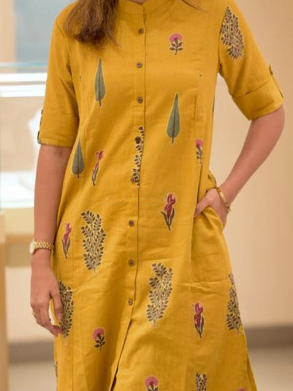 Floral Printed Yellow Mandarin Collar A-Line Kurti With Pant
