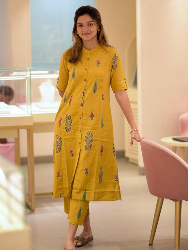 Floral Printed Yellow Mandarin Collar A-Line Kurti With Pant