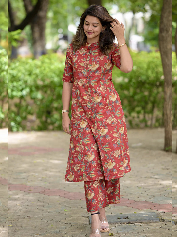 Maroon Floral Printed Mandarin Collar A-Line Kurti With Pant