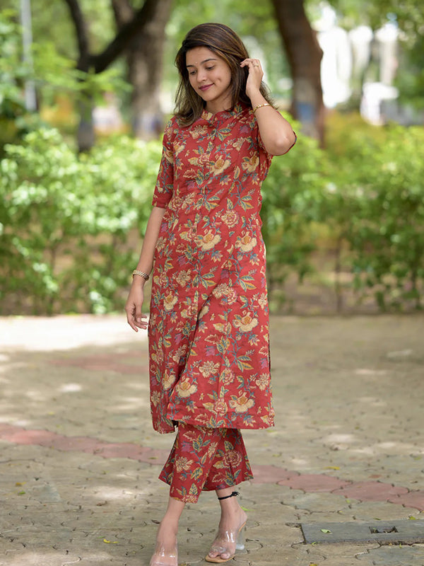 Maroon Floral Printed Mandarin Collar A-Line Kurti With Pant