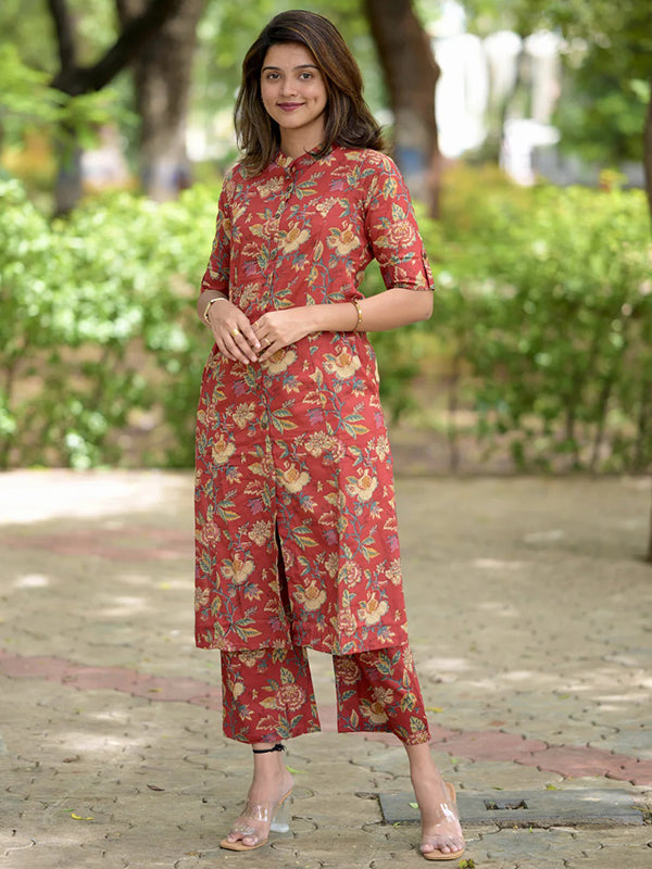 Maroon Floral Printed Mandarin Collar A-Line Kurti With Pant
