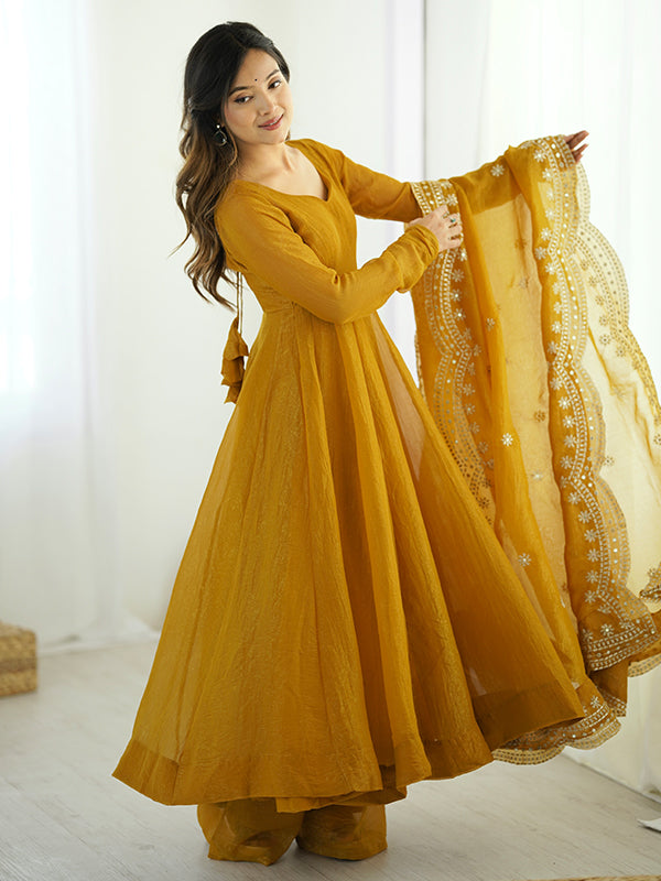 Mustard Yellow Fandy Silk Gown With Embroidery Sequence Work Dupatta