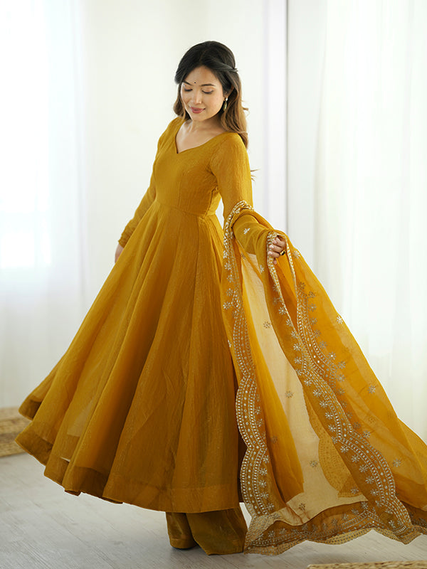 Mustard Yellow Fandy Silk Gown With Embroidery Sequence Work Dupatta