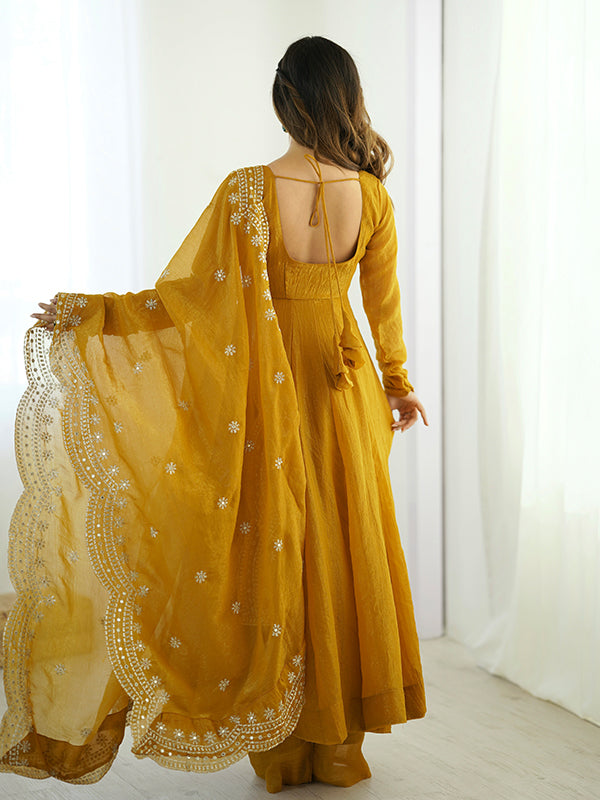Mustard Yellow Fandy Silk Gown With Embroidery Sequence Work Dupatta