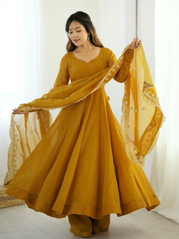 Mustard Yellow Fandy Silk Gown With Embroidery Sequence Work Dupatta