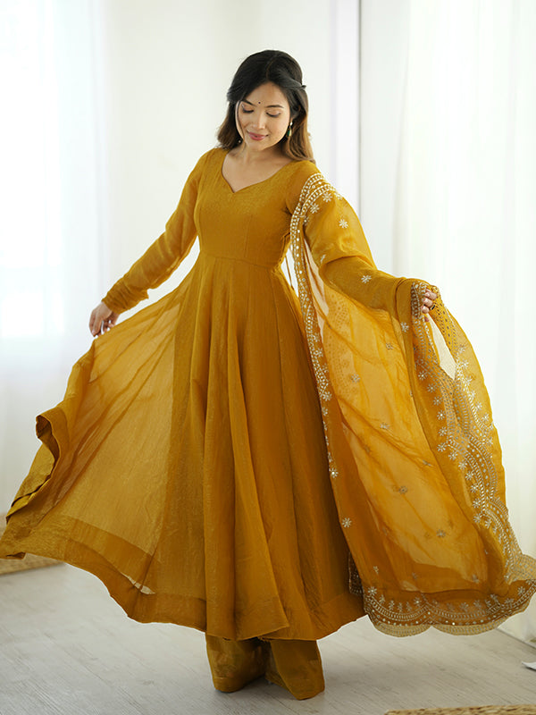 Mustard Yellow Fandy Silk Gown With Embroidery Sequence Work Dupatta