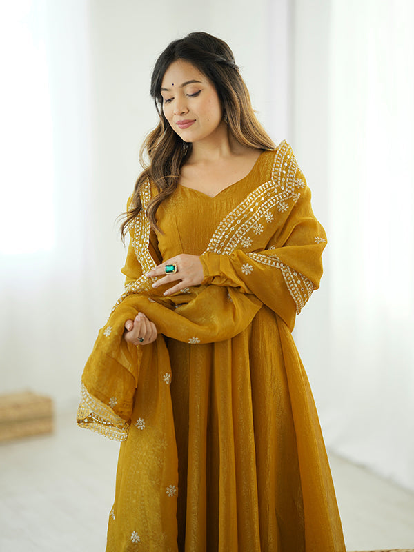 Mustard Yellow Fandy Silk Gown With Embroidery Sequence Work Dupatta