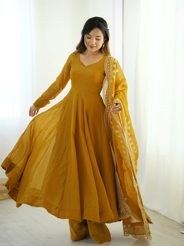 Mustard Yellow Fandy Silk Gown With Embroidery Sequence Work Dupatta