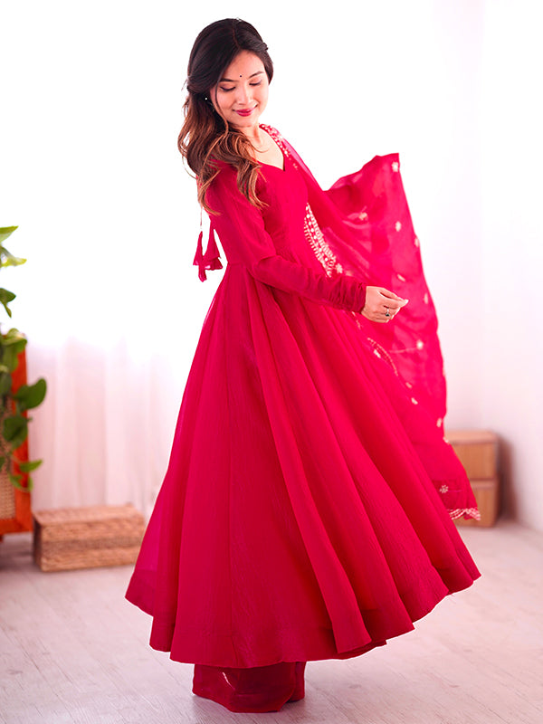 Pink Fandy Silk Gown With Embroidery Sequence Work Dupatta